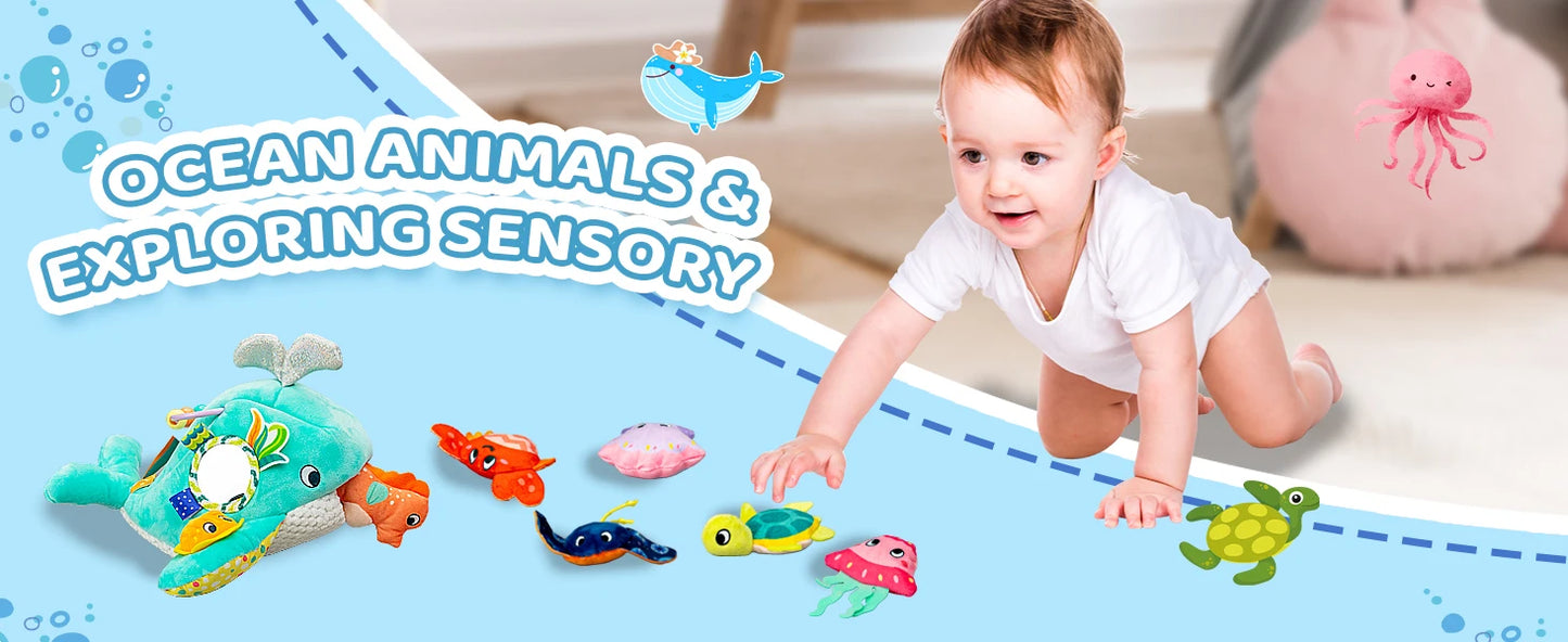 Juguetes para bebés de 6 a 12 meses, colmena suave para bebés con 5 sonajeros sensoriales de abeja, espejo, chirriador arrugado, juguete suave Montessori ocupado para niños pequeños