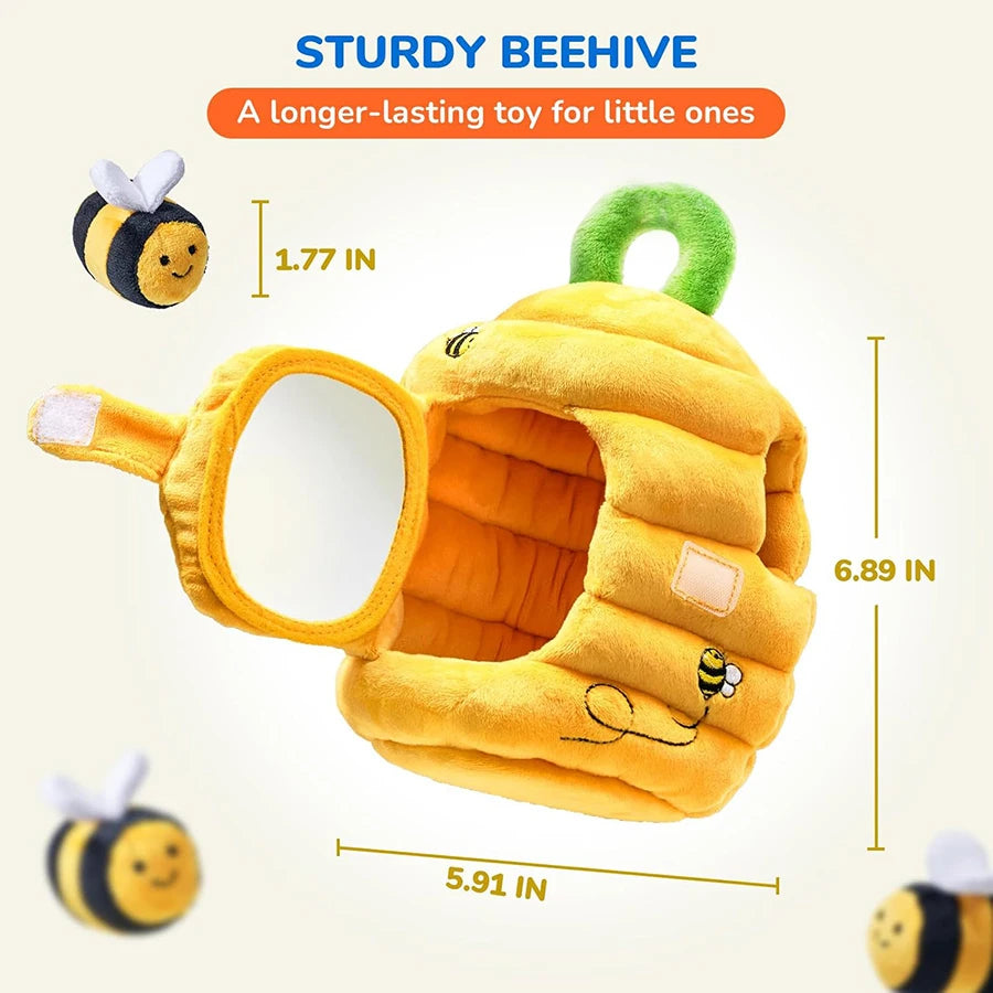 Juguetes para bebés de 6 a 12 meses, colmena suave para bebés con 5 sonajeros sensoriales de abeja, espejo, chirriador arrugado, juguete suave Montessori ocupado para niños pequeños
