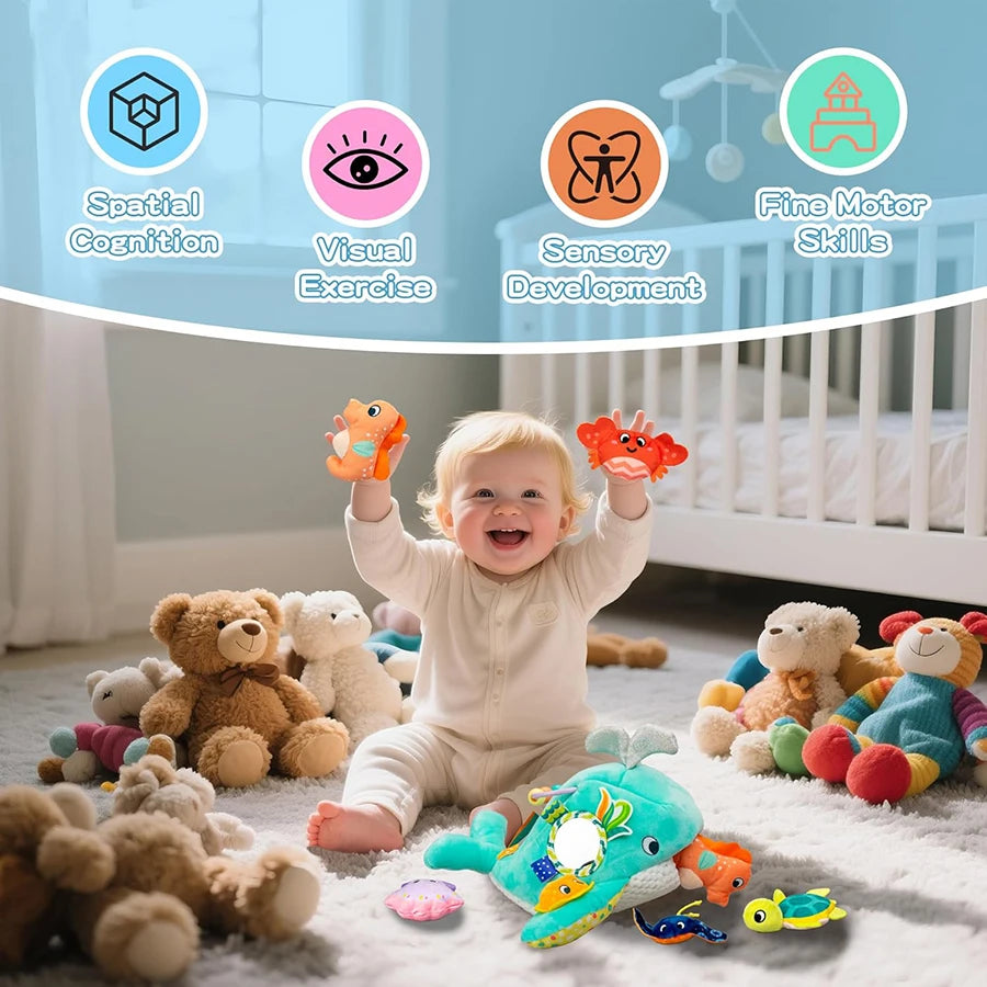 Juguetes para bebés de 6 a 12 meses, colmena suave para bebés con 5 sonajeros sensoriales de abeja, espejo, chirriador arrugado, juguete suave Montessori ocupado para niños pequeños