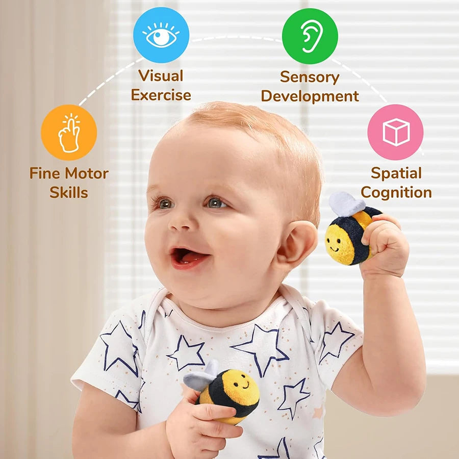 Juguetes para bebés de 6 a 12 meses, colmena suave para bebés con 5 sonajeros sensoriales de abeja, espejo, chirriador arrugado, juguete suave Montessori ocupado para niños pequeños