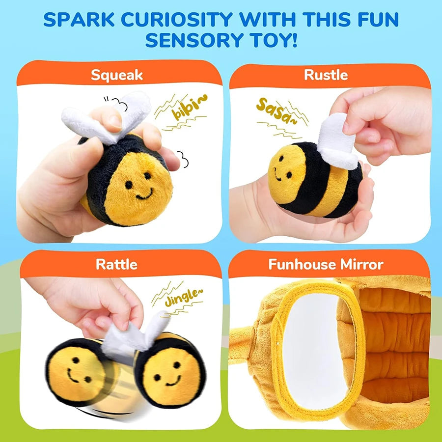 Juguetes para bebés de 6 a 12 meses, colmena suave para bebés con 5 sonajeros sensoriales de abeja, espejo, chirriador arrugado, juguete suave Montessori ocupado para niños pequeños