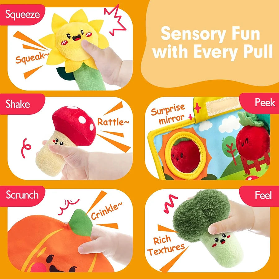 Juguetes para bebés de 6 a 12 meses, colmena suave para bebés con 5 sonajeros sensoriales de abeja, espejo, chirriador arrugado, juguete suave Montessori ocupado para niños pequeños