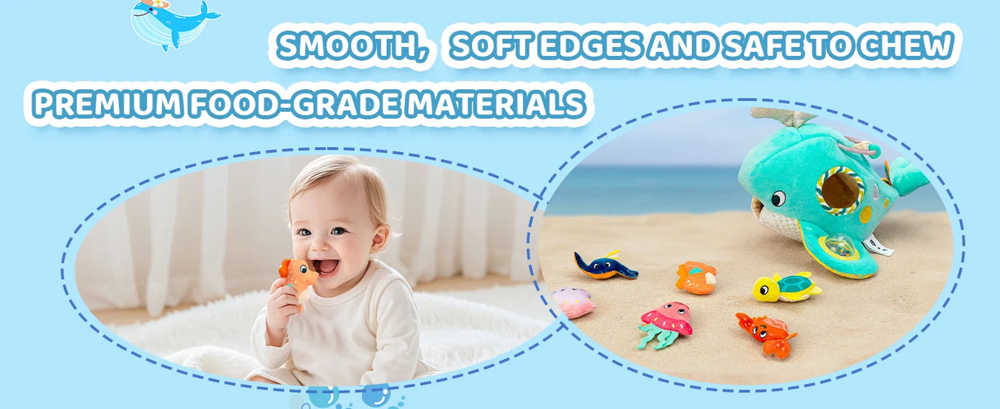 Juguetes para bebés de 6 a 12 meses, colmena suave para bebés con 5 sonajeros sensoriales de abeja, espejo, chirriador arrugado, juguete suave Montessori ocupado para niños pequeños