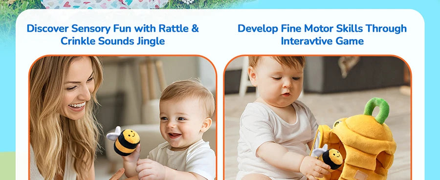 Juguetes para bebés de 6 a 12 meses, colmena suave para bebés con 5 sonajeros sensoriales de abeja, espejo, chirriador arrugado, juguete suave Montessori ocupado para niños pequeños