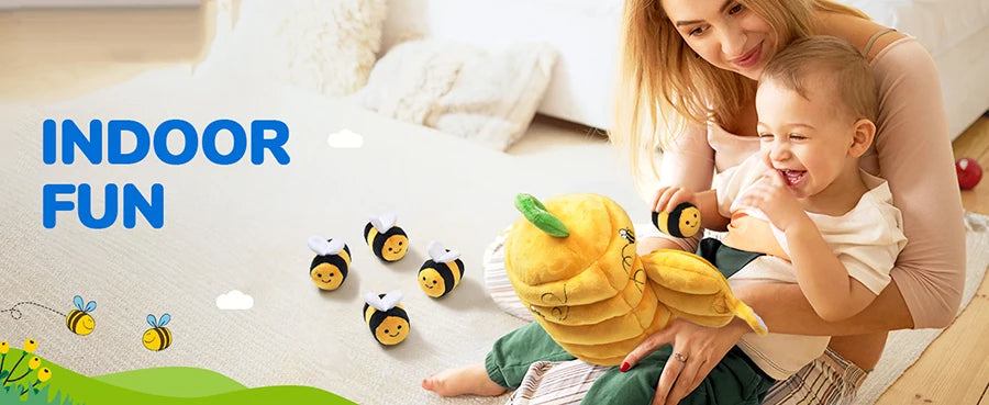 Juguetes para bebés de 6 a 12 meses, colmena suave para bebés con 5 sonajeros sensoriales de abeja, espejo, chirriador arrugado, juguete suave Montessori ocupado para niños pequeños