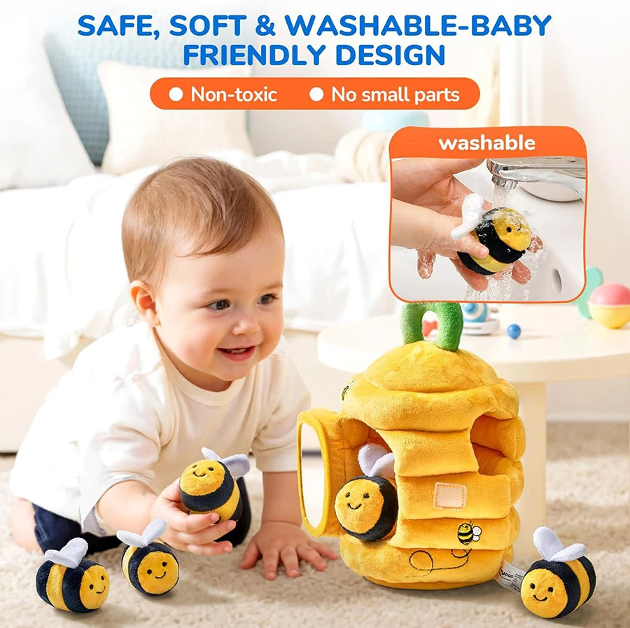 Juguetes para bebés de 6 a 12 meses, colmena suave para bebés con 5 sonajeros sensoriales de abeja, espejo, chirriador arrugado, juguete suave Montessori ocupado para niños pequeños