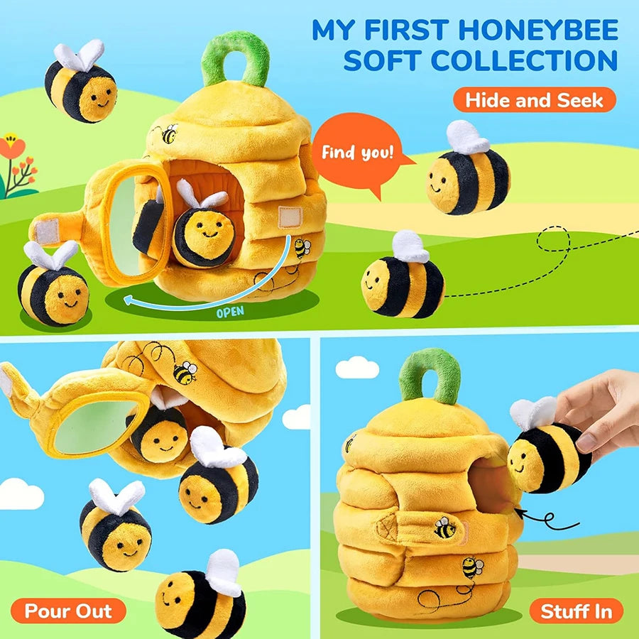 Juguetes para bebés de 6 a 12 meses, colmena suave para bebés con 5 sonajeros sensoriales de abeja, espejo, chirriador arrugado, juguete suave Montessori ocupado para niños pequeños