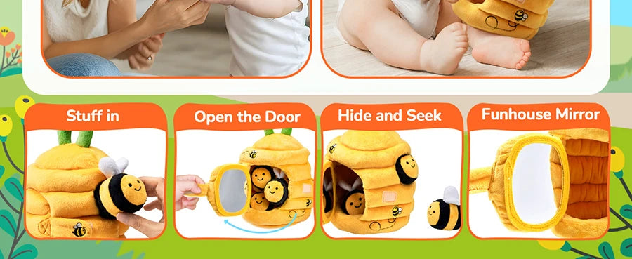 Juguetes para bebés de 6 a 12 meses, colmena suave para bebés con 5 sonajeros sensoriales de abeja, espejo, chirriador arrugado, juguete suave Montessori ocupado para niños pequeños