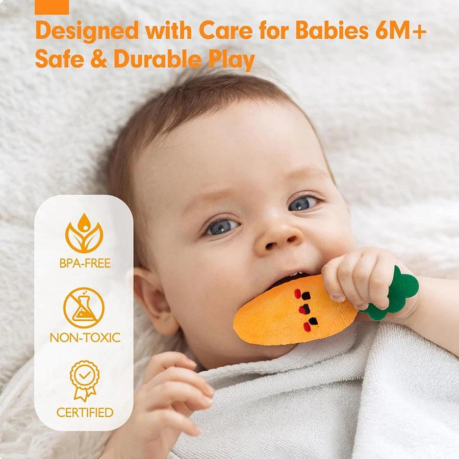 Juguetes para bebés de 6 a 12 meses, colmena suave para bebés con 5 sonajeros sensoriales de abeja, espejo, chirriador arrugado, juguete suave Montessori ocupado para niños pequeños