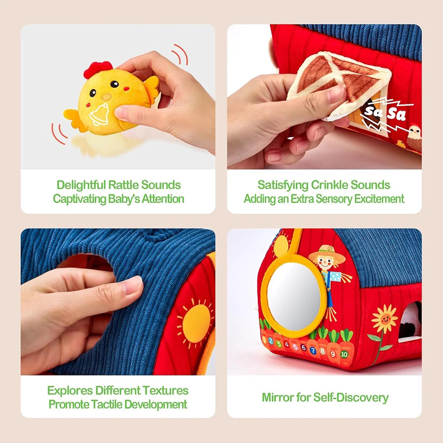 Juguetes para bebés de 6 a 12 meses, colmena suave para bebés con 5 sonajeros sensoriales de abeja, espejo, chirriador arrugado, juguete suave Montessori ocupado para niños pequeños