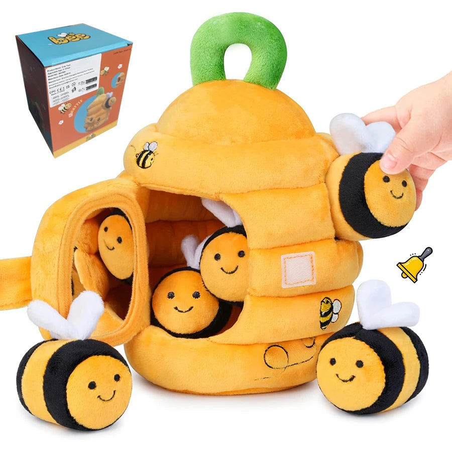 Juguetes para bebés de 6 a 12 meses, colmena suave para bebés con 5 sonajeros sensoriales de abeja, espejo, chirriador arrugado, juguete suave Montessori ocupado para niños pequeños