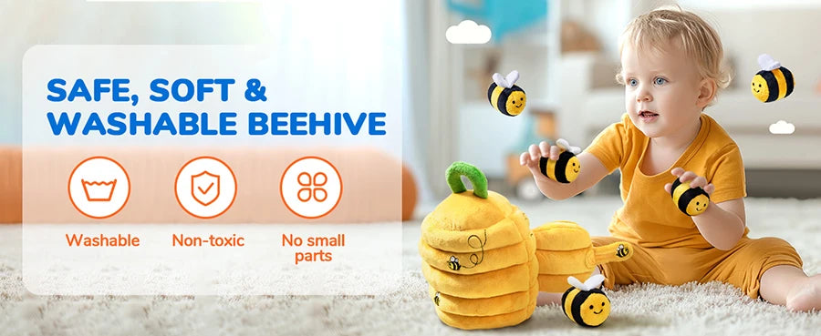 Juguetes para bebés de 6 a 12 meses, colmena suave para bebés con 5 sonajeros sensoriales de abeja, espejo, chirriador arrugado, juguete suave Montessori ocupado para niños pequeños