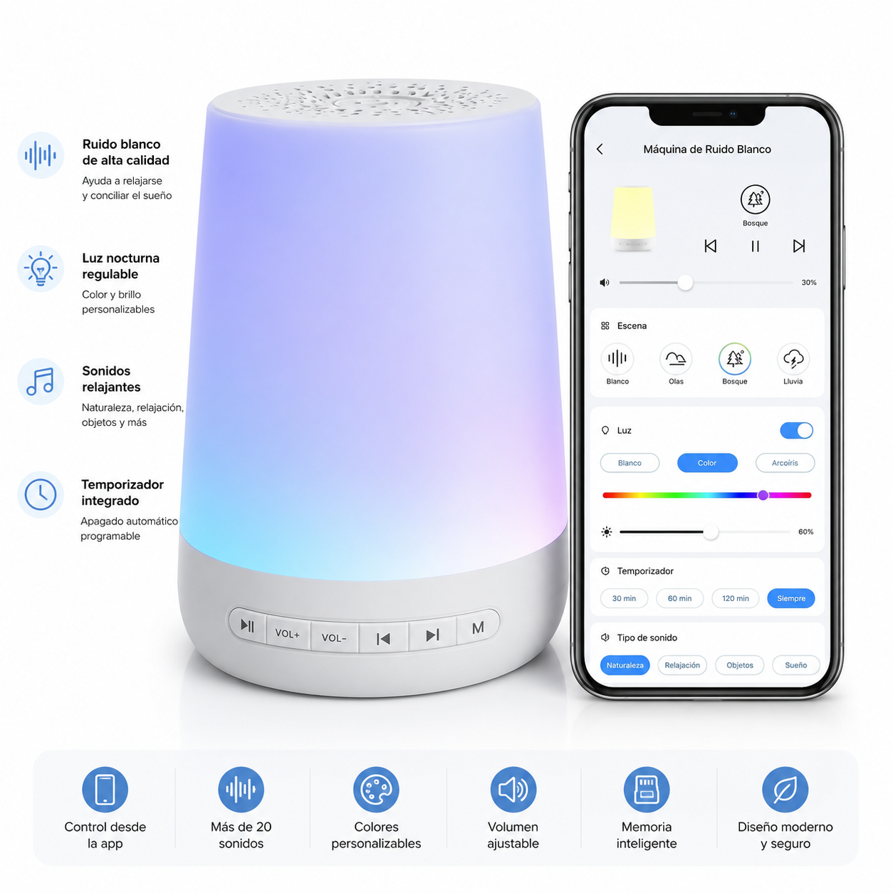 SLEEPHARMONY™ MEDIBEBÉ Máquina de Sonido Relajante para Bebés con Luz Nocturna Multicolor